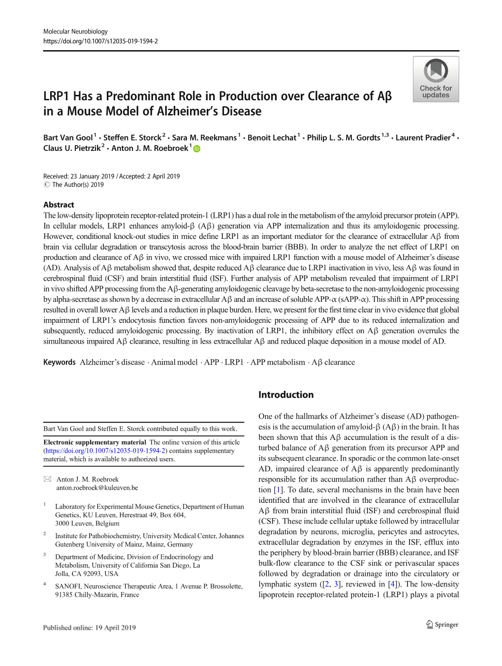 LRP1 Has a Predominant Role in Production Over Clearance of Aβ in a Mouse Model of Alzheimer’S Disease