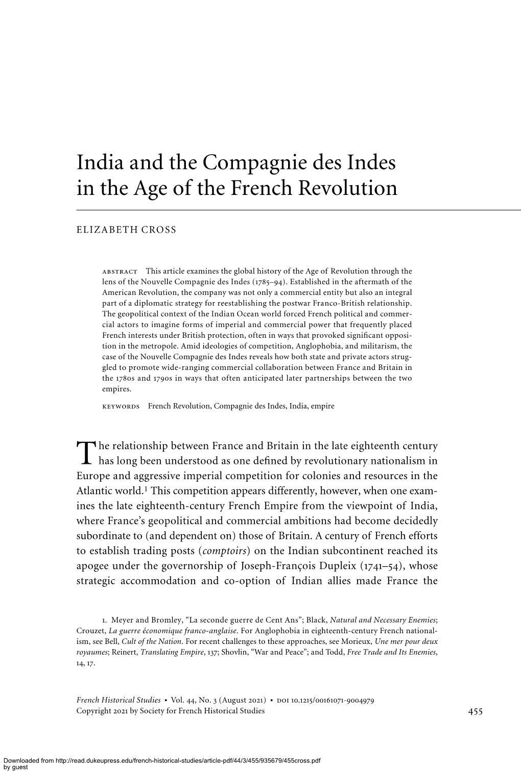 India and the Compagnie Des Indes in the Age of the French Revolution