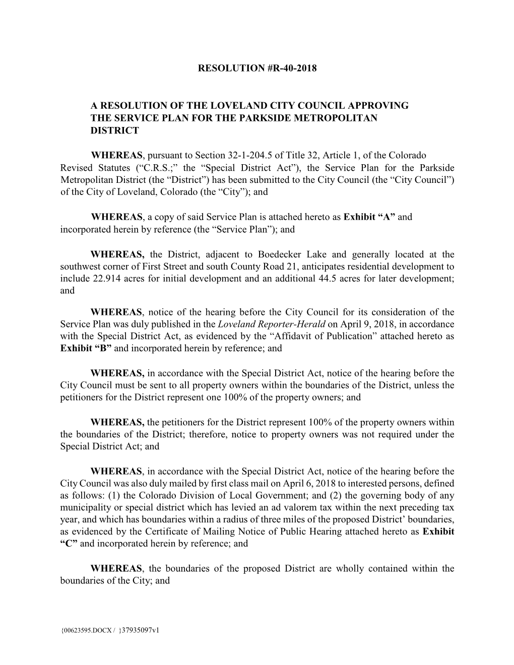 Resolution Approving the Parkside Metropolitan District Service Plan