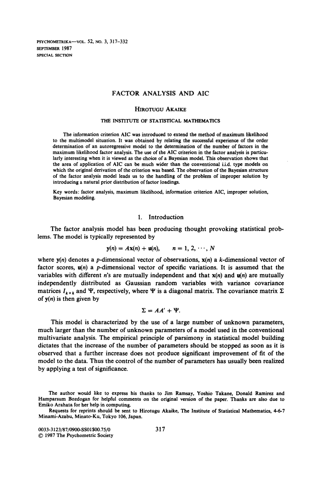 Factor Analysis and Aic Hirotugu Akaike