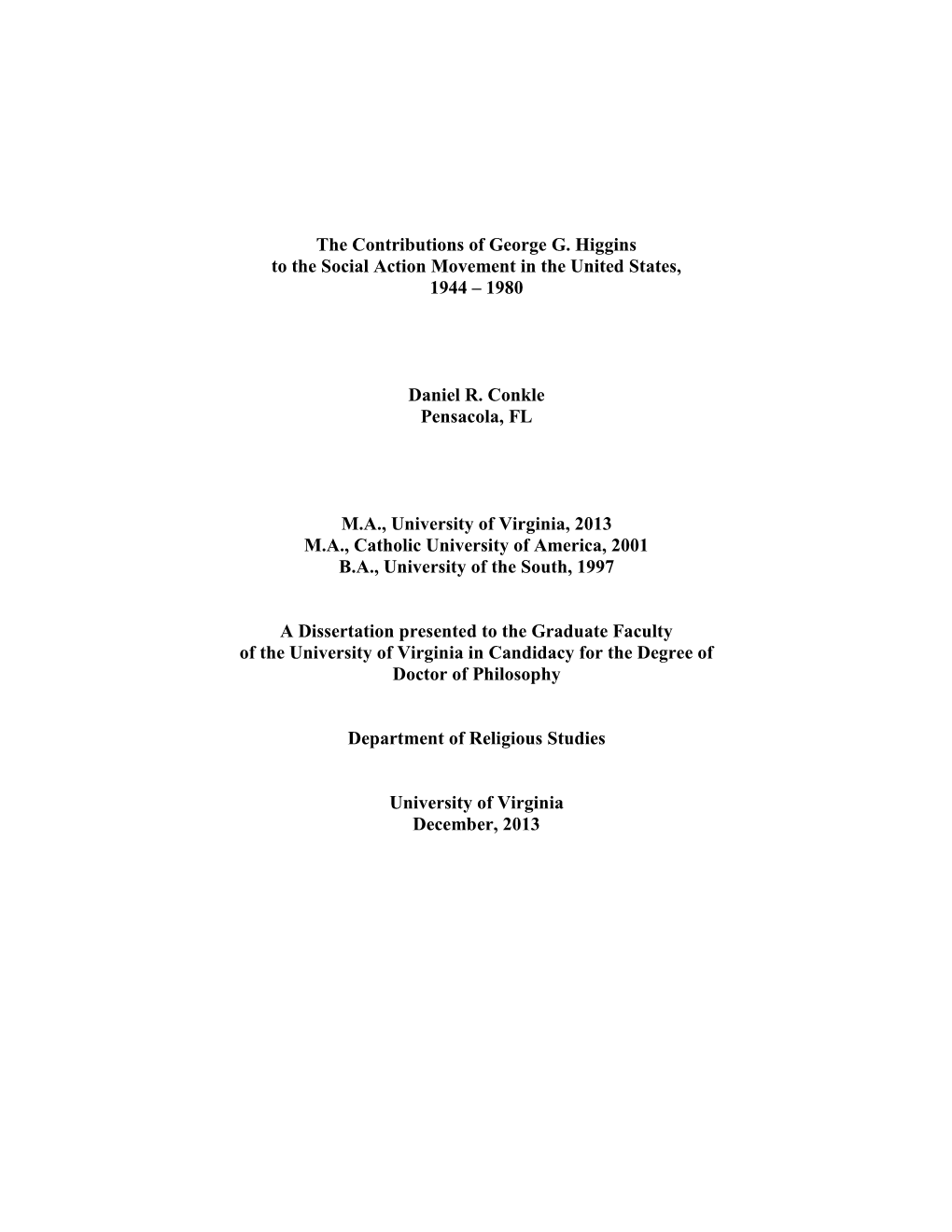 The Contributions of George G. Higgins to the Social Action Movement in the United States, 1944 – 1980