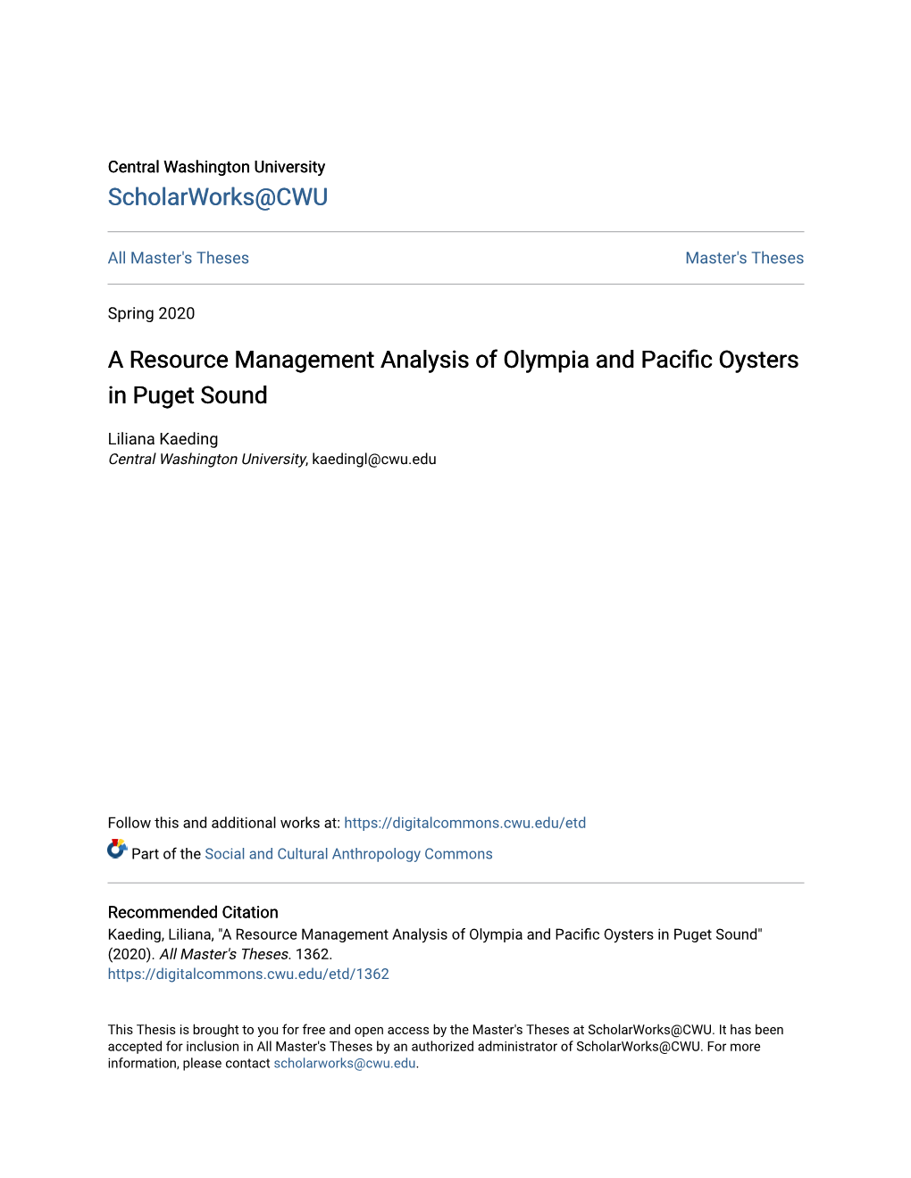 A Resource Management Analysis of Olympia and Pacific Oysters in Puget Sound