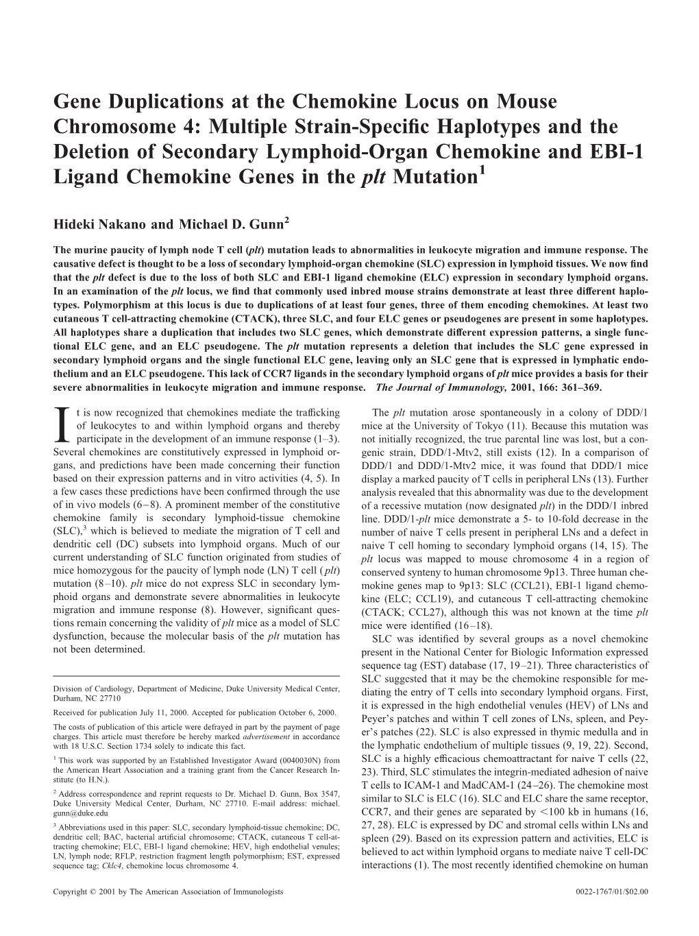 Mutation Plt and EBI-1 Ligand Chemokine Genes in the Of