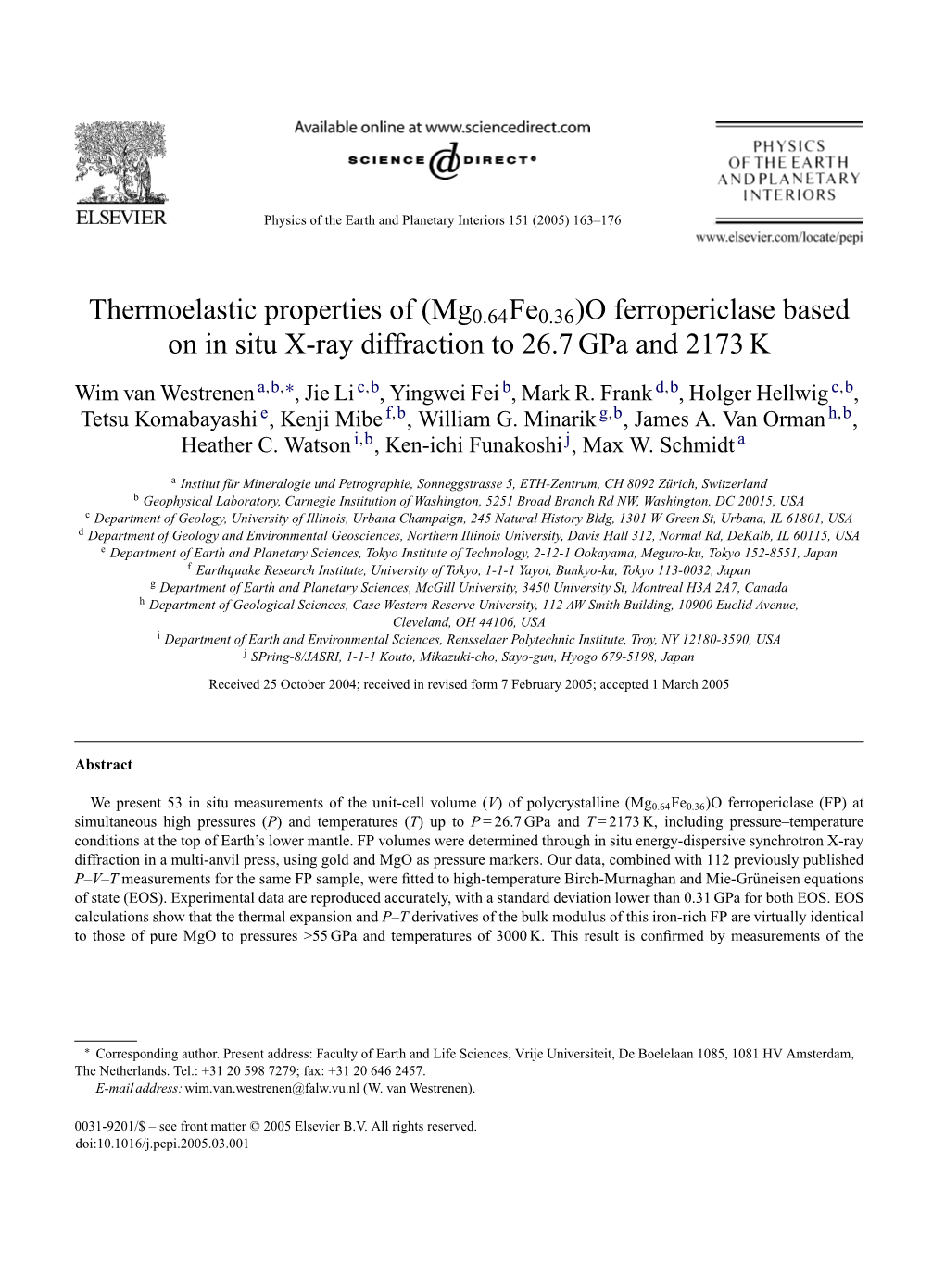 Thermoelastic Properties of (Mg0.64Fe0.36)O Ferropericlase Based on in Situ X-Ray Diffraction to 26.7 Gpa and 2173 K
