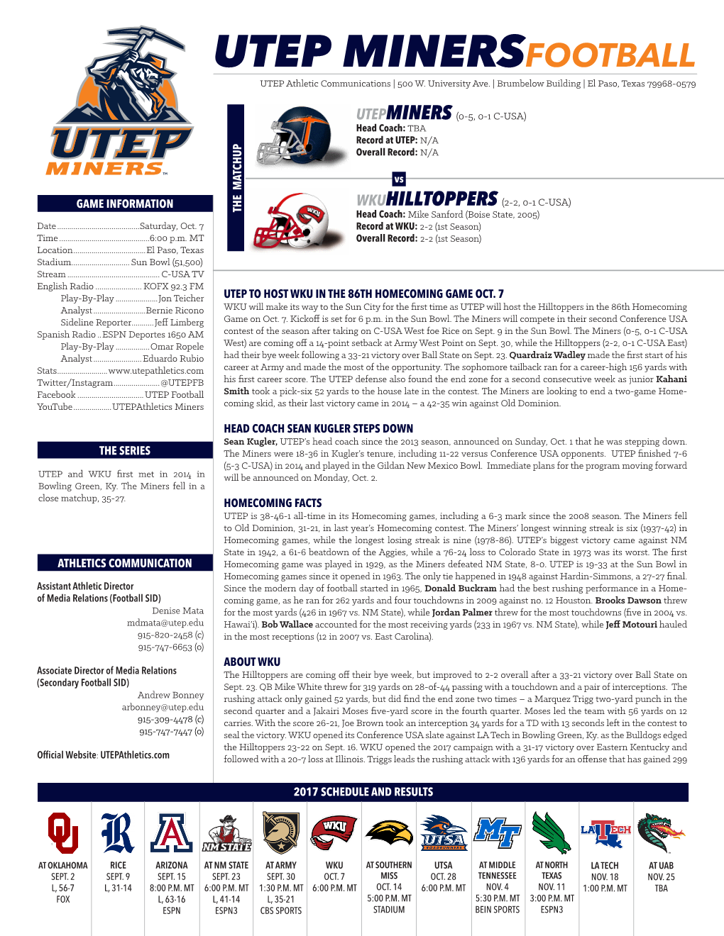UTEP MINERSFOOTBALL UTEP Athletic Communications | 500 W