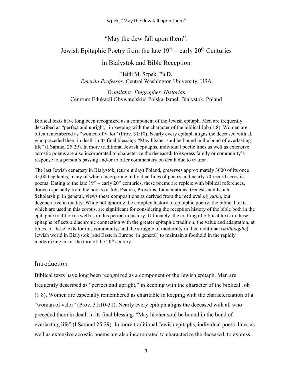 “May the Dew Fall Upon Them”: Jewish Epitaphic Poetry from the Late 19Th – Early 20Th Centuries in Bialystok and Bible Reception Heidi M