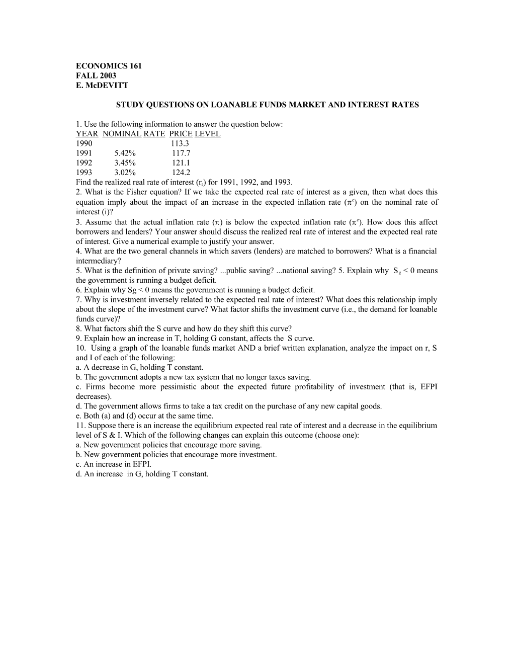 Study Questions on Loanable Funds Market and Interest Rates