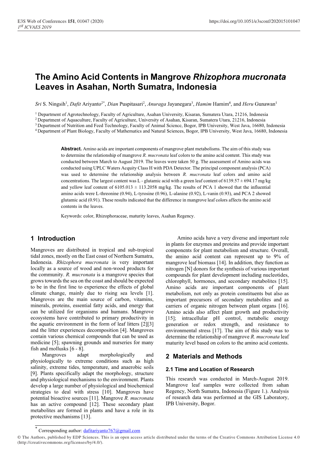 The Amino Acid Contents in Mangrove Rhizophora Mucronata Leaves in Asahan, North Sumatra, Indonesia