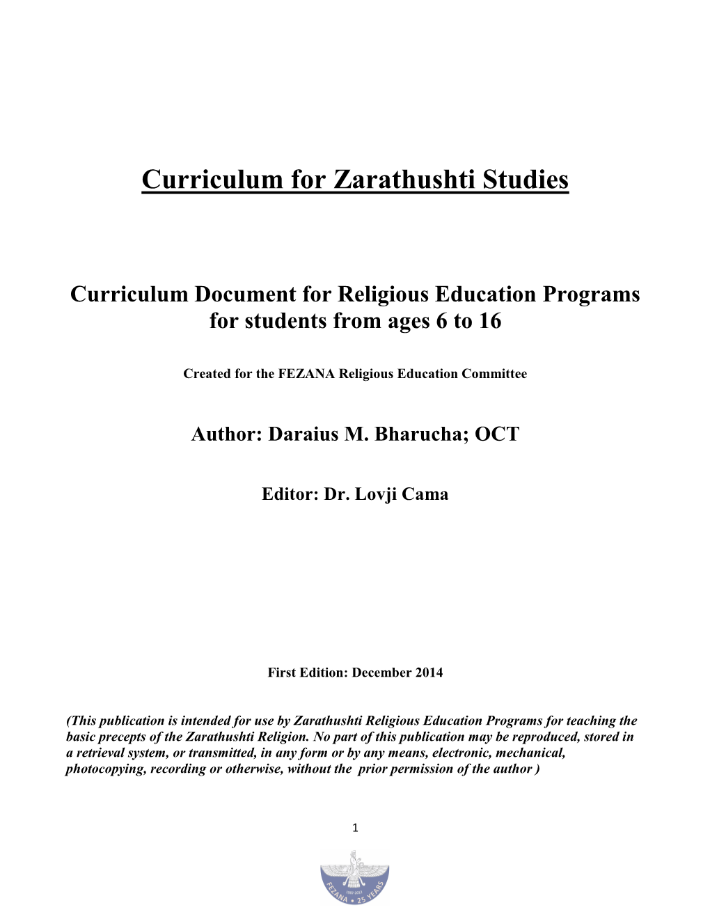 Curriculum for Zoroastrian Religious Studies