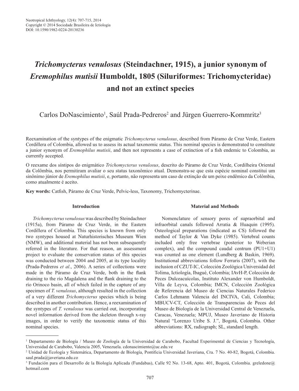 Trichomycterus Venulosus (Steindachner, 1915), a Junior Synonym of Eremophilus Mutisii Humboldt, 1805 (Siluriformes: Trichomycteridae) and Not an Extinct Species