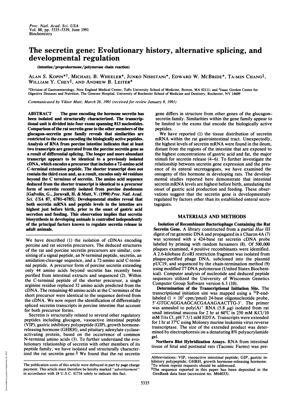 The Secretin Gene: Evolutionary History, Alternative Splicing, and Developmental Regulation (Intestine/Preprohormone/Polymerase Chain Reaction) ALAN S
