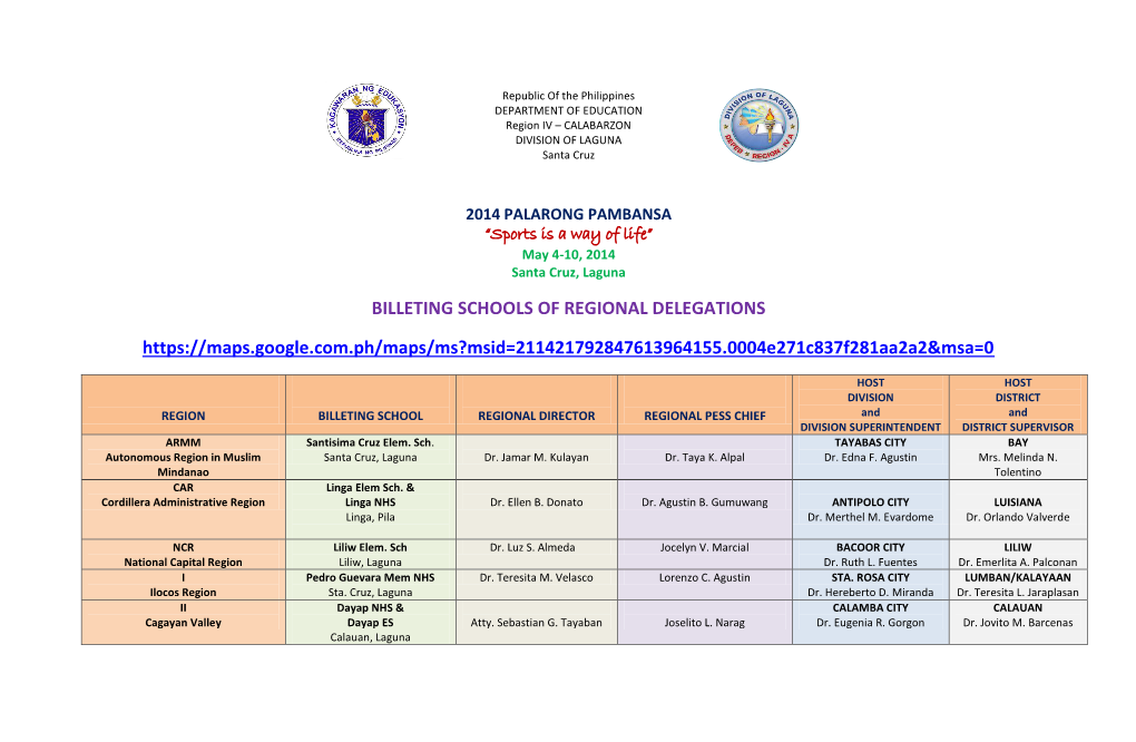 Billeting Schools of Regional Delegations