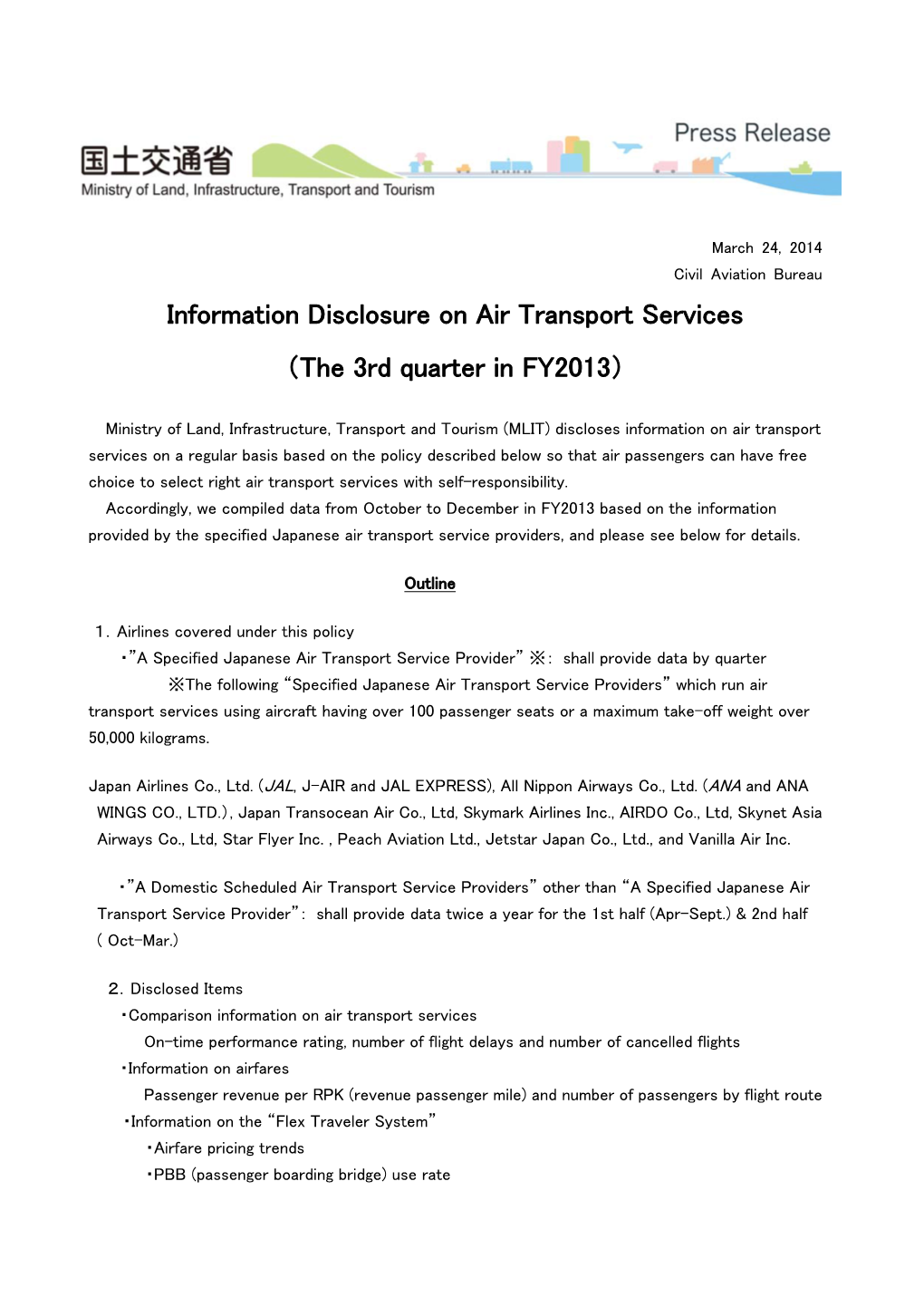 Information Disclosure on Air Transport Services （The 3Rd Quarter in FY2013）