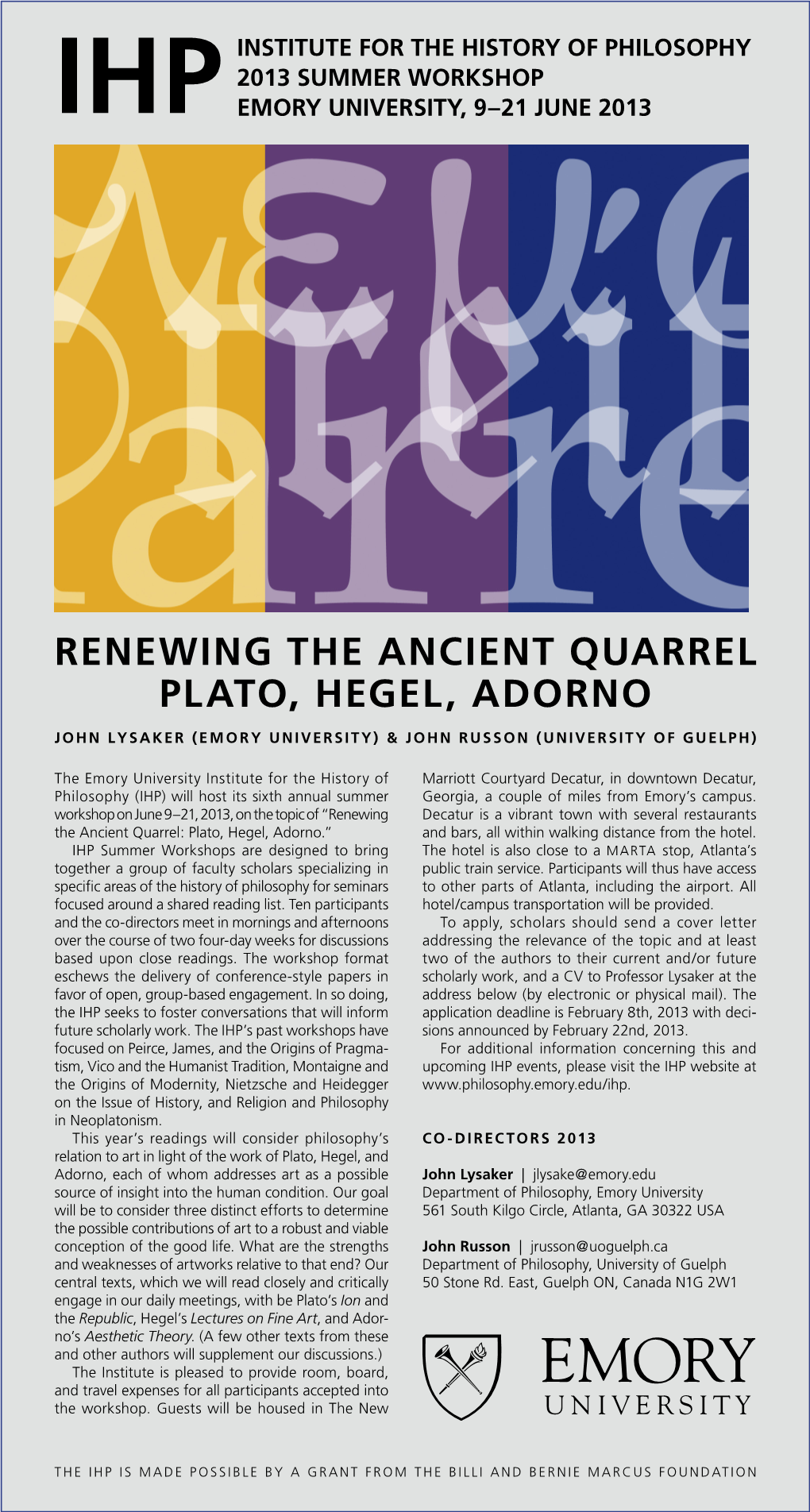 Renewing the Ancient Quarrel Plato, Hegel, Adorno John Lysaker (Emory University) & John Russon (University of Guelph)