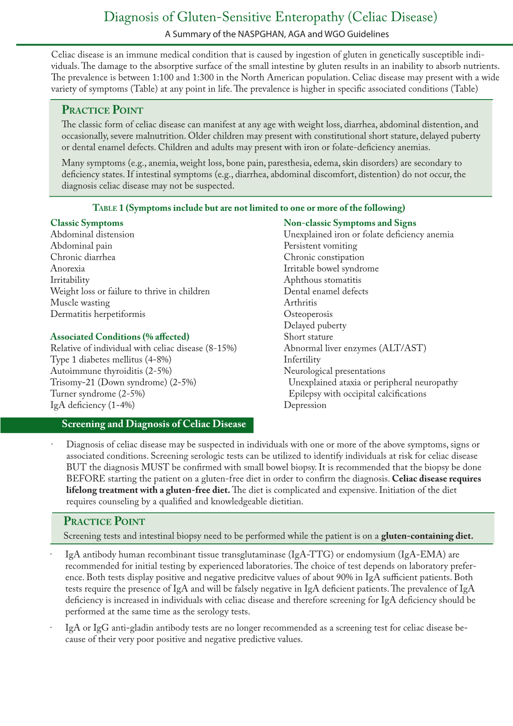 Diagnosis of Gluten-Sensitive Enteropathy (Celiac Disease) a Summary of the NASPGHAN, AGA and WGO Guidelines