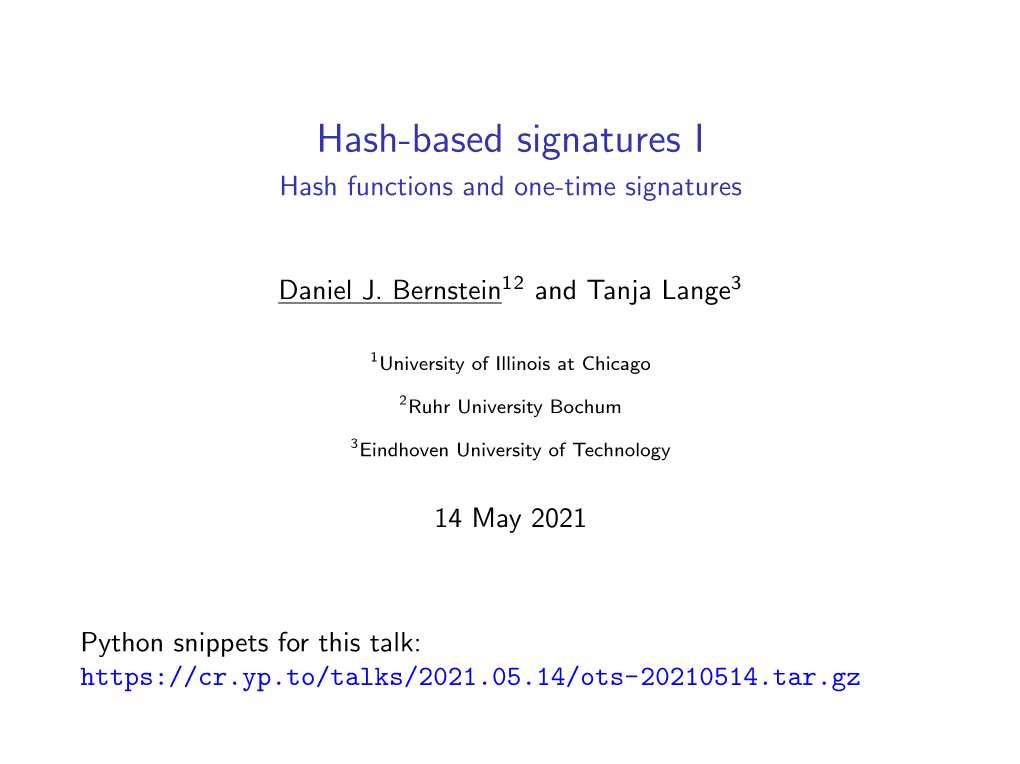 Hash-Based Signatures I Hash Functions and One-Time Signatures