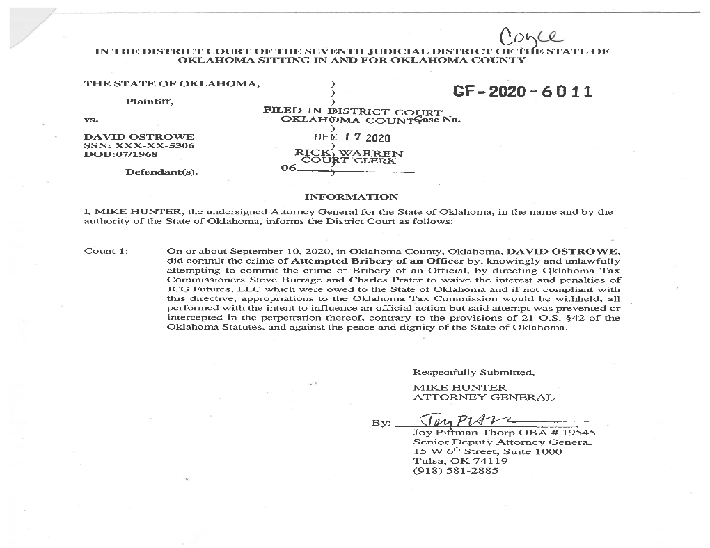 CF- 2020-6011 Plaintiff, ) FILED in Jisth1ct COURT Vs