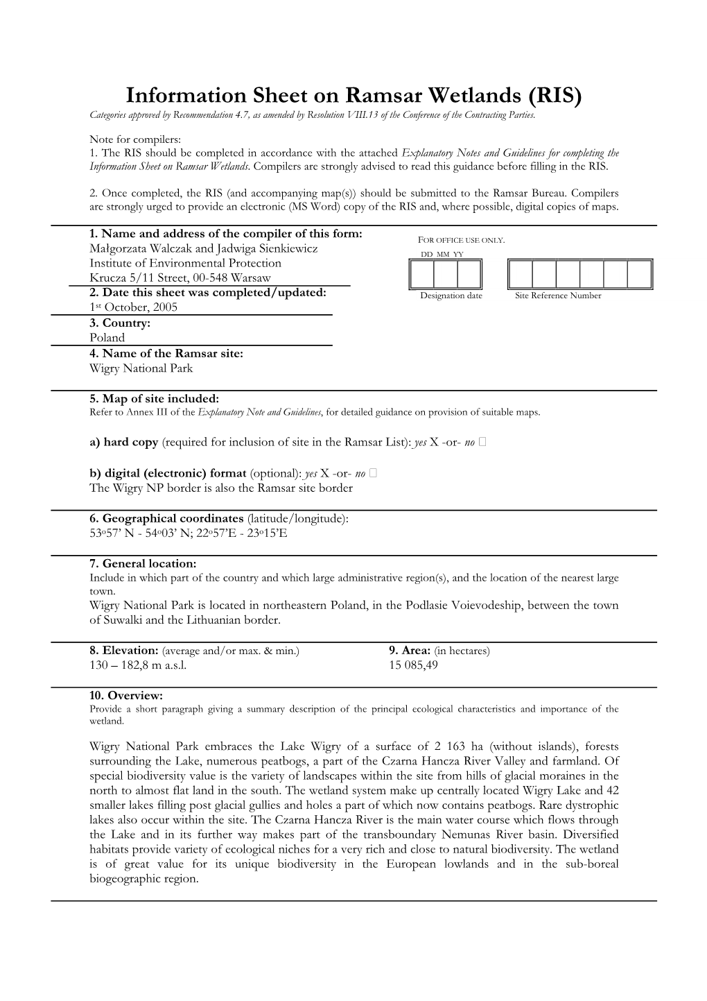 Information Sheet on Ramsar Wetlands (RIS) Categories Approved by Recommendation 4.7, As Amended by Resolution VIII.13 of the Conference of the Contracting Parties