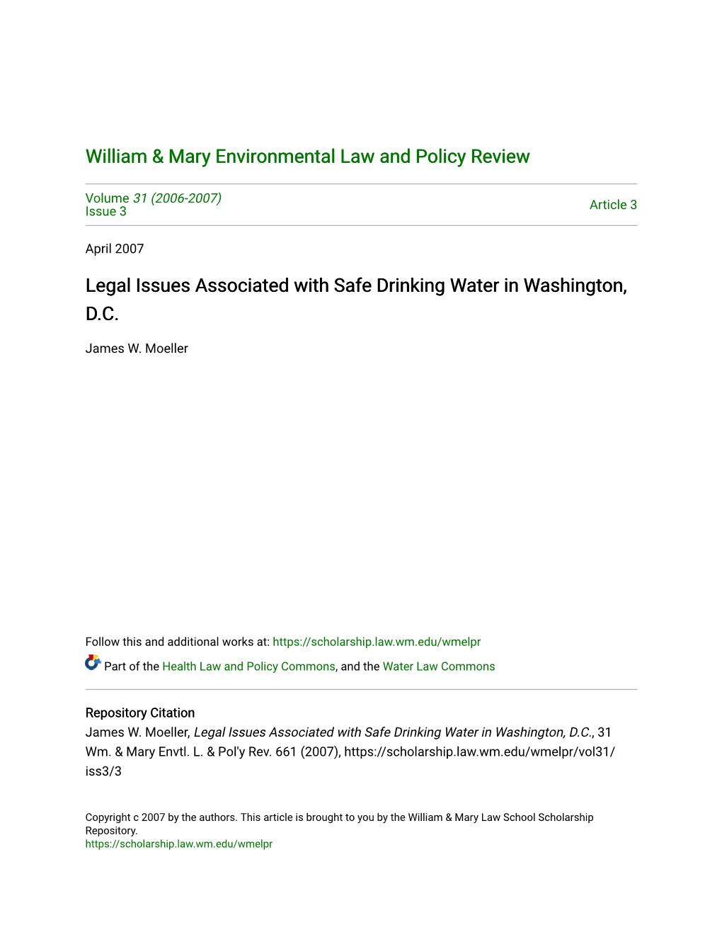 Legal Issues Associated with Safe Drinking Water in Washington, D.C