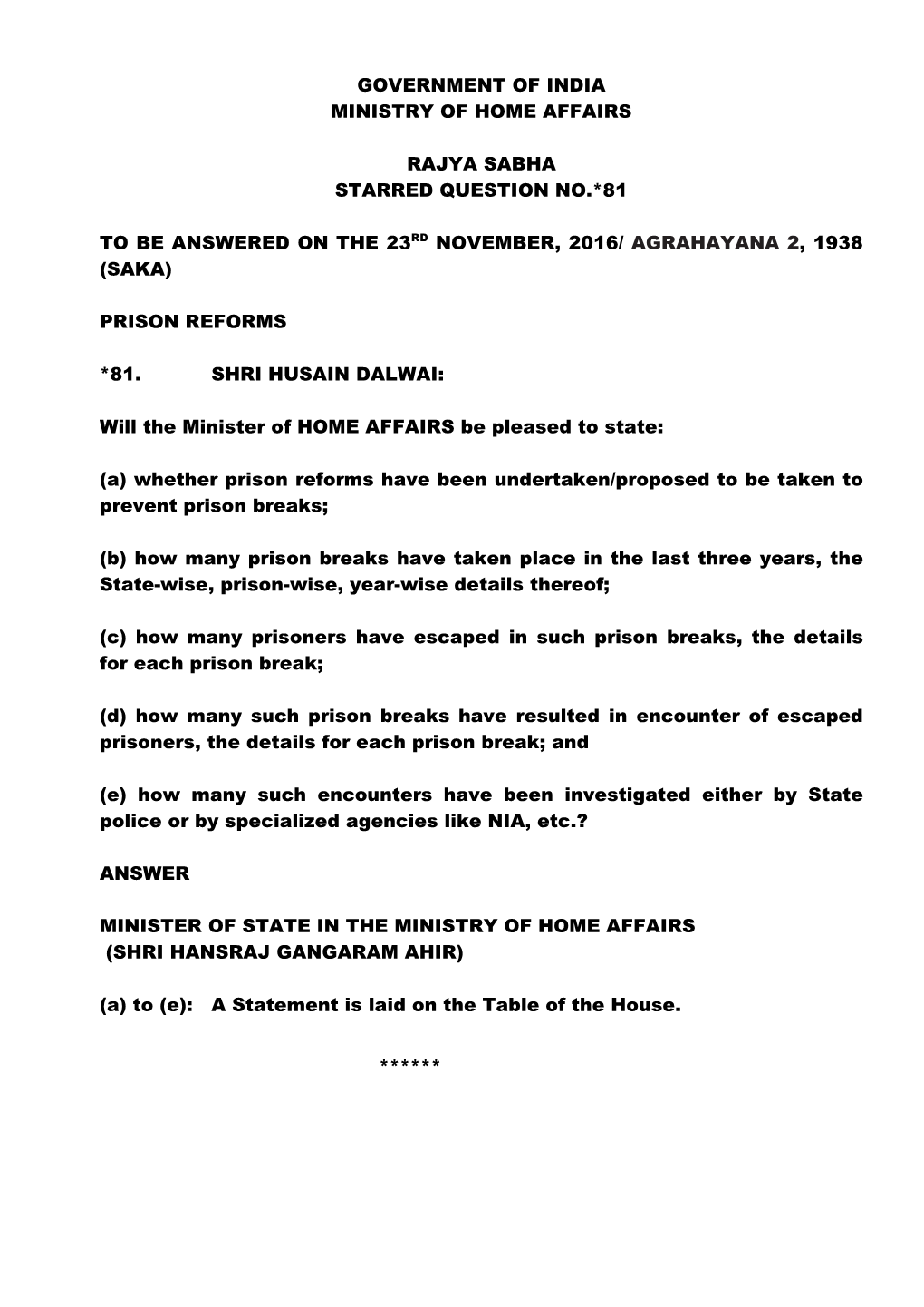 Government of India Ministry of Home Affairs Rajya Sabha