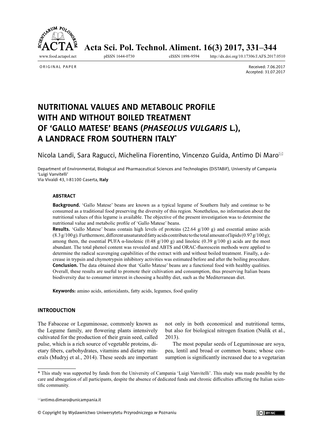Nutritional Values and Metabolic Profile with and Without Boiled Treatment of ‘Gallo Matese’ Beans (Phaseolus Vulgaris L.), a Landrace from Southern Italy*