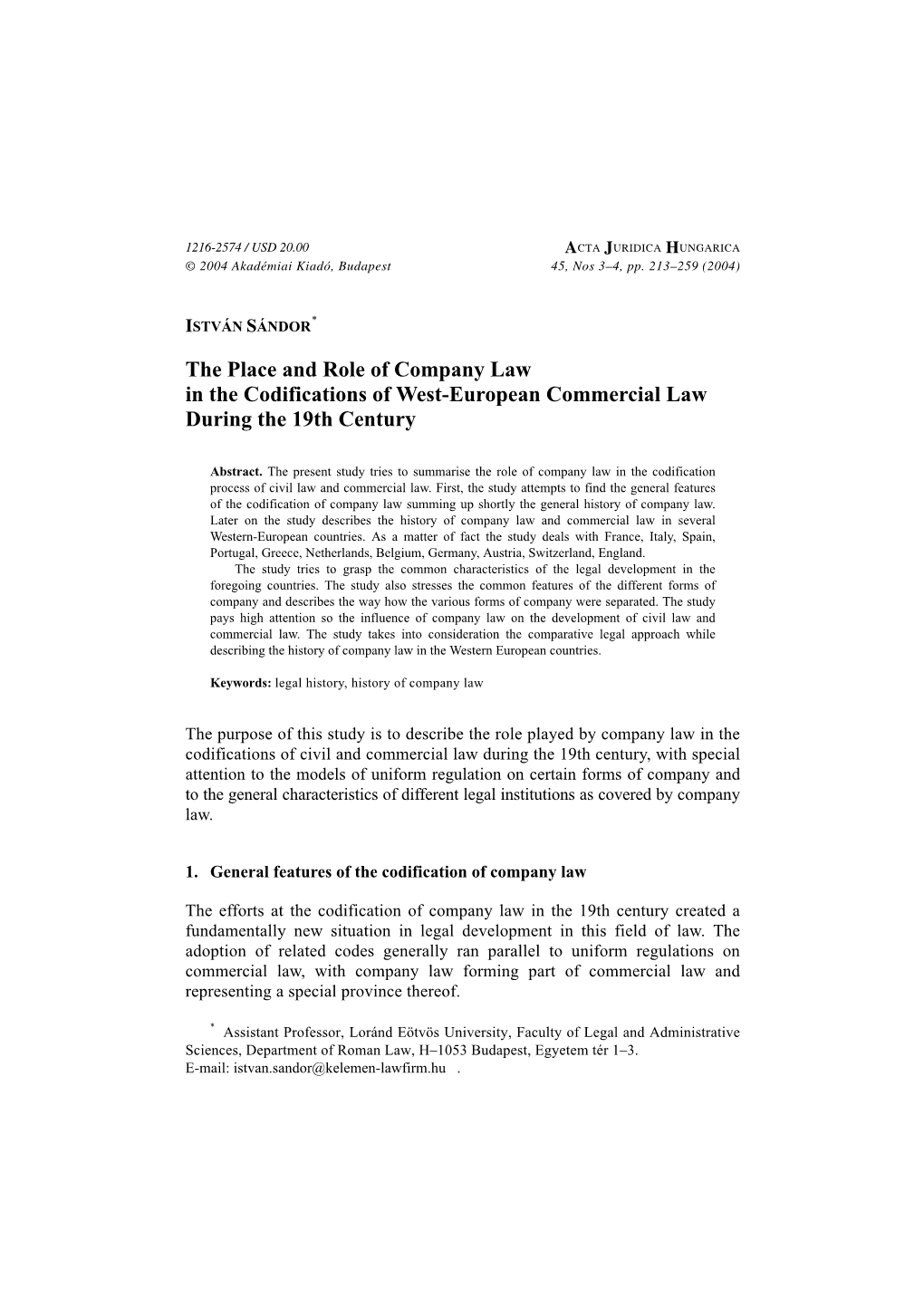 The Place and Role of Company Law in the Codifications of West-European Commercial Law During the 19Th Century