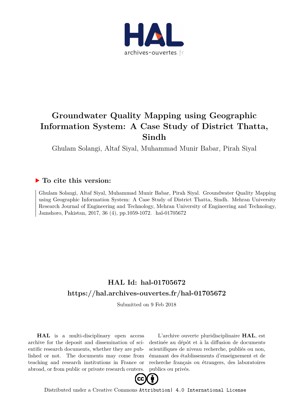 Groundwater Quality Mapping Using Geographic Information System: a Case Study of District Thatta, Sindh Ghulam Solangi, Altaf Siyal, Muhammad Munir Babar, Pirah Siyal