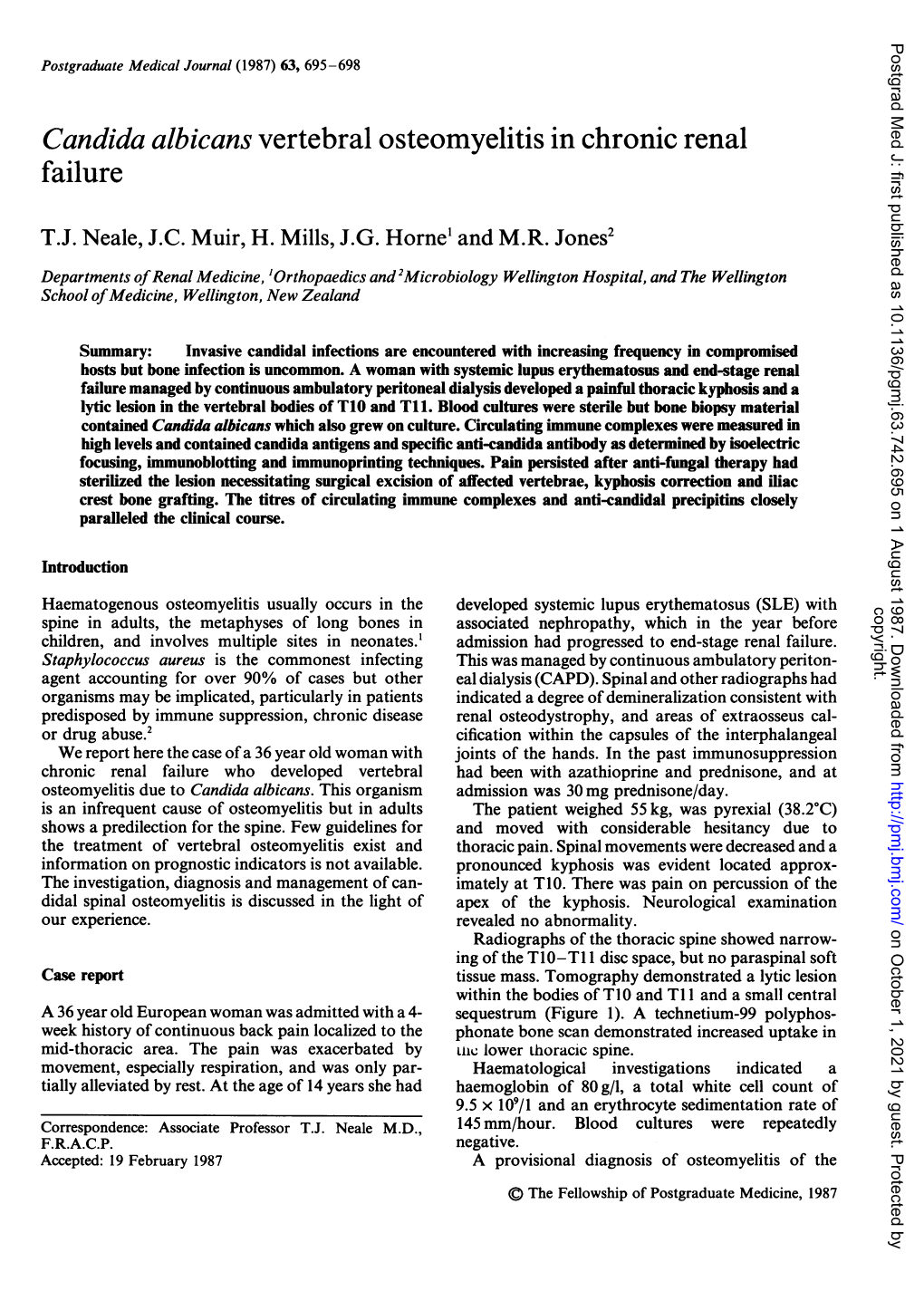 Candida Albicans Vertebral Osteomyelitis in Chronic Renal Failure