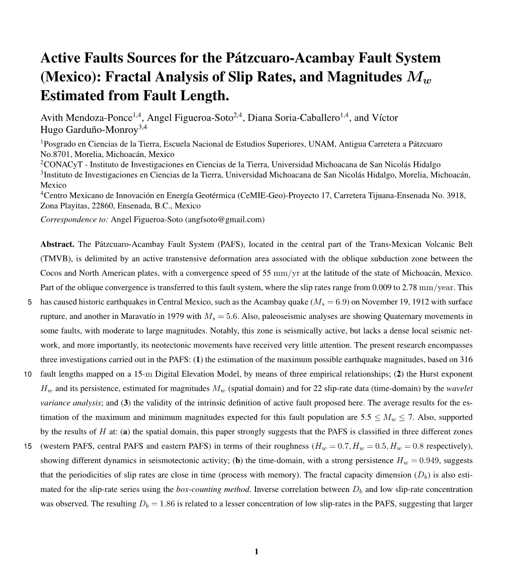 Active Faults Sources for the Pátzcuaro-Acambay Fault System (Mexico): Fractal Analysis of Slip Rates, and Magnitudes Mw Estimated from Fault Length