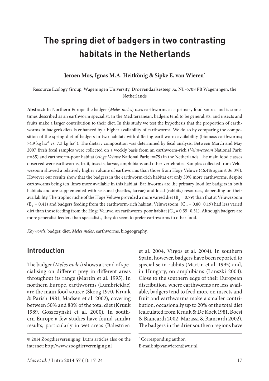 The Spring Diet of Badgers in Two Contrasting Habitats in The