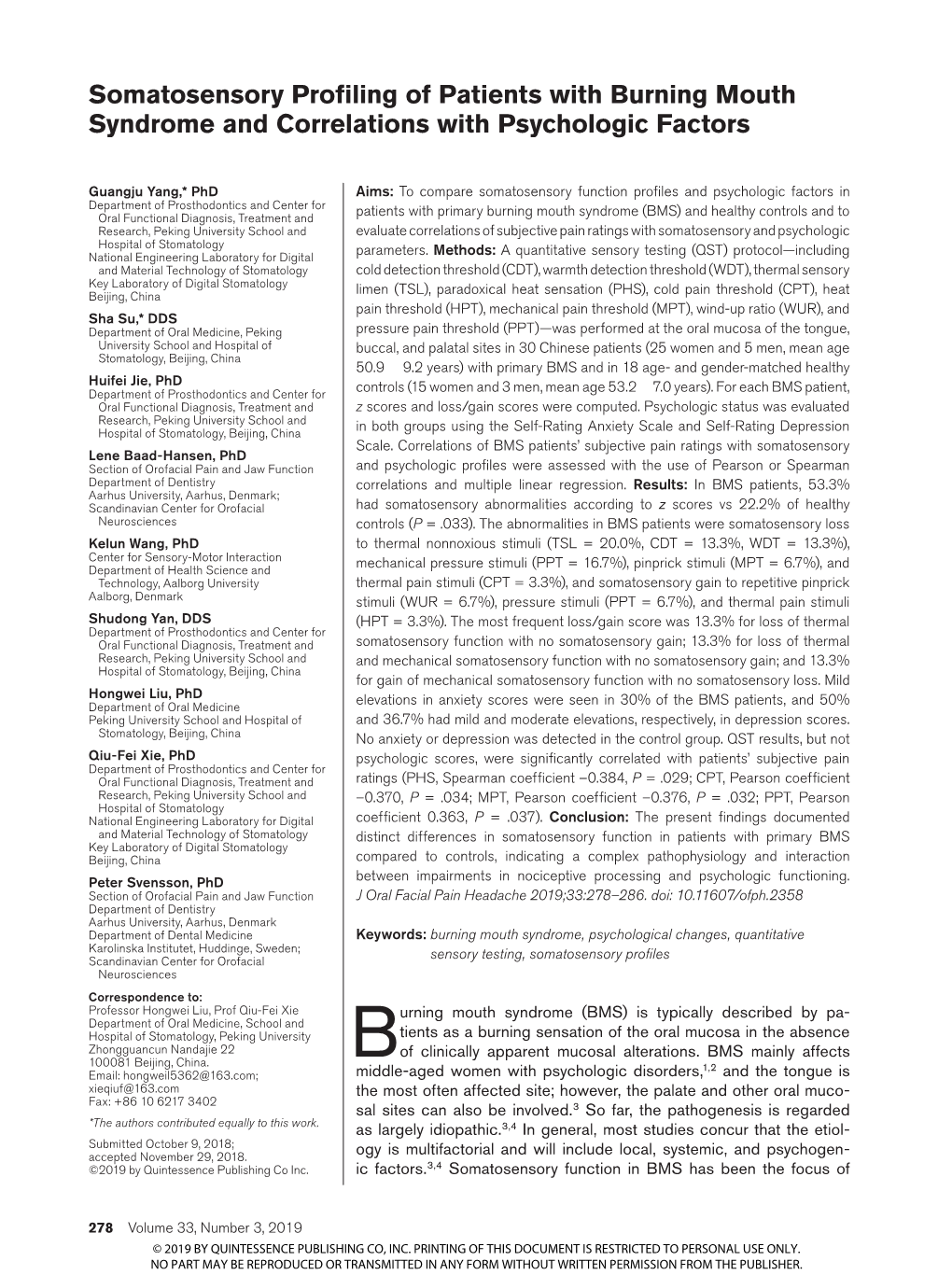 Somatosensory Profiling of Patients with Burning Mouth Syndrome and Correlations with Psychologic Factors