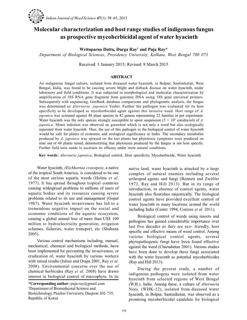 Molecular Characterization and Host Range Studies of Indigenous Fungus As Prospective Mycoherbicidal Agent of Water Hyacinth