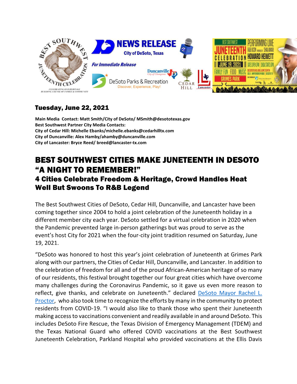 BEST SOUTHWEST CITIES MAKE JUNETEENTH in DESOTO “A NIGHT to REMEMBER!” 4 Cities Celebrate Freedom & Heritage, Crowd Handles Heat Well but Swoons to R&B Legend