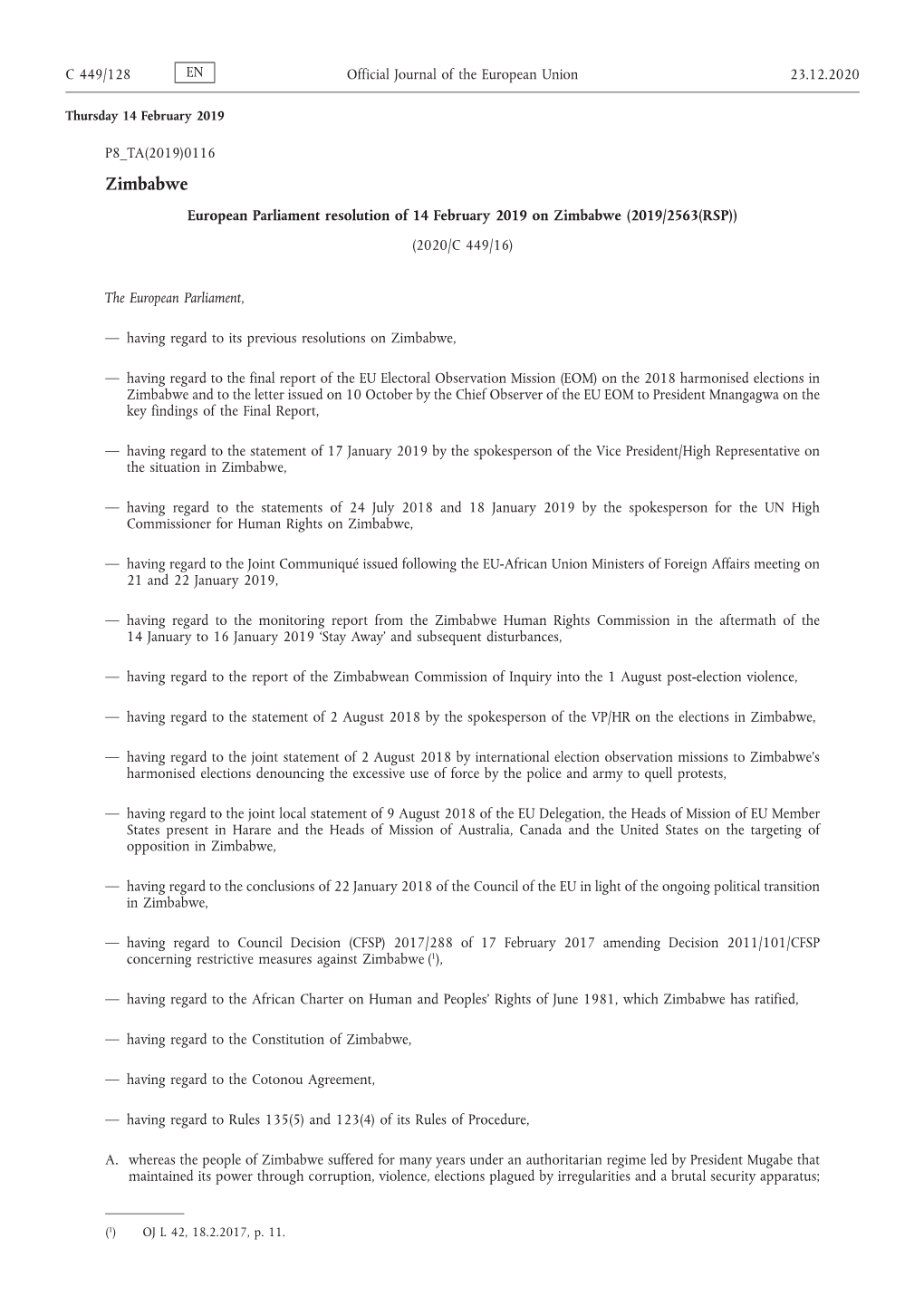 European Parliament Resolution of 14 February 2019 on Zimbabwe (2019/2563(RSP)) (2020/C 449/16)