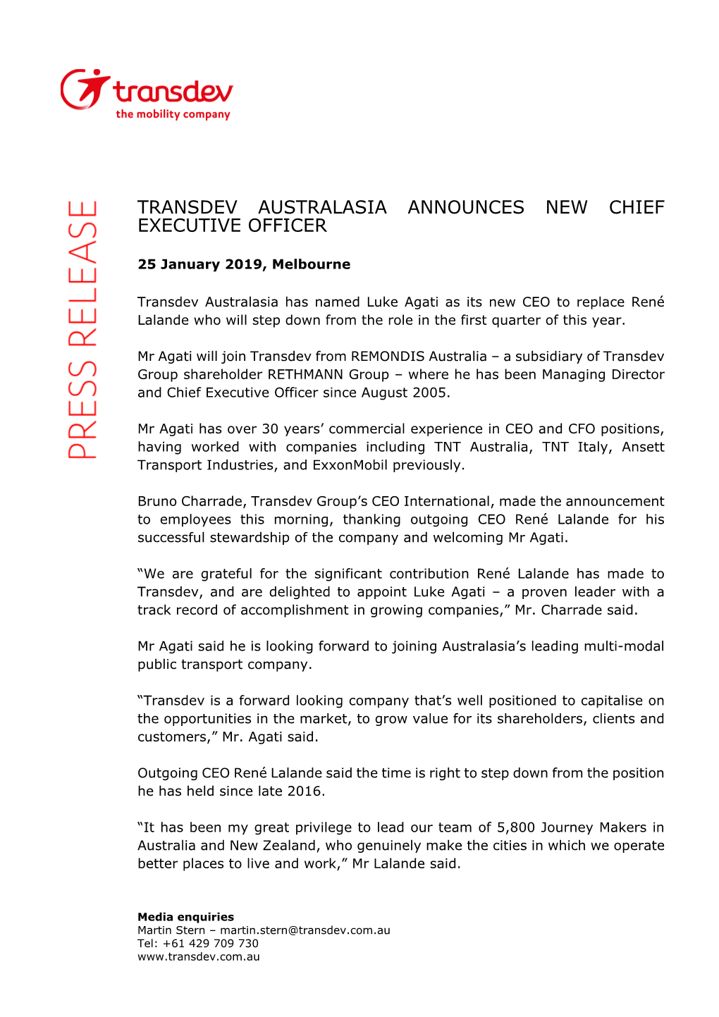 Transdev Australasia Announces New Chief Executive Officer