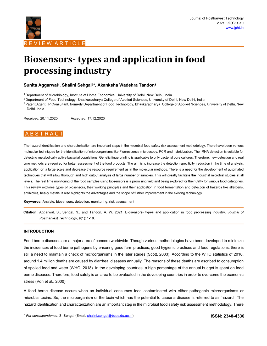 Biosensors- Types and Application in Food Processing Industry