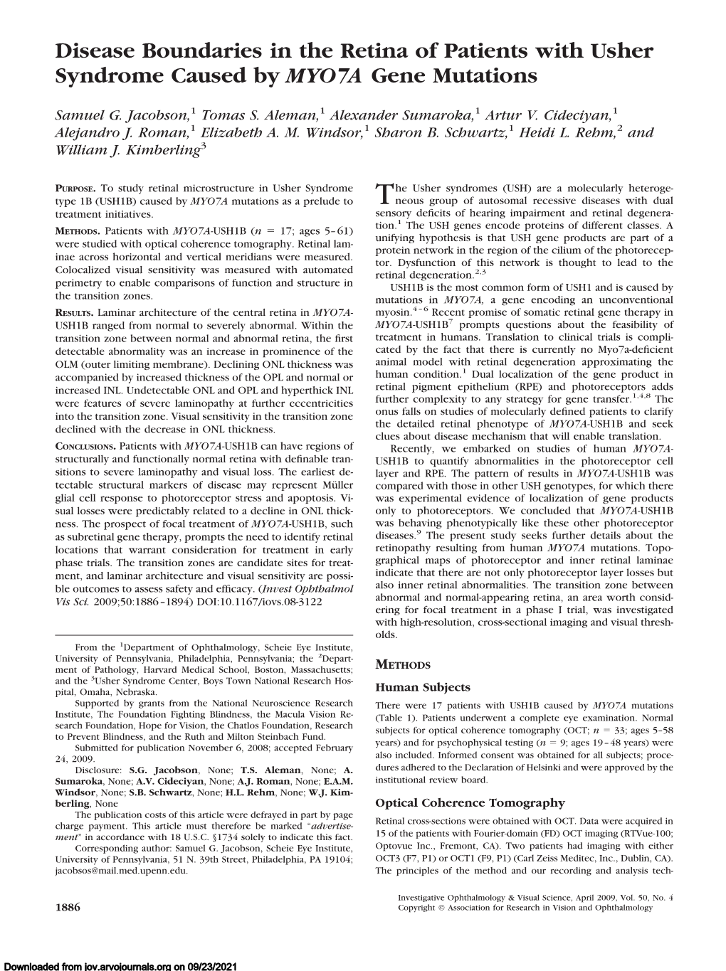 Disease Boundaries in the Retina of Patients with Usher Syndrome Caused by MYO7A Gene Mutations