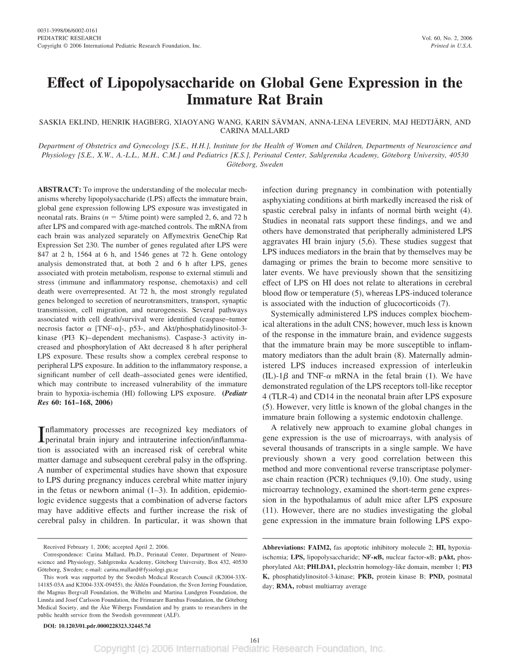 Effect of Lipopolysaccharide on Global Gene Expression in the Immature Rat Brain