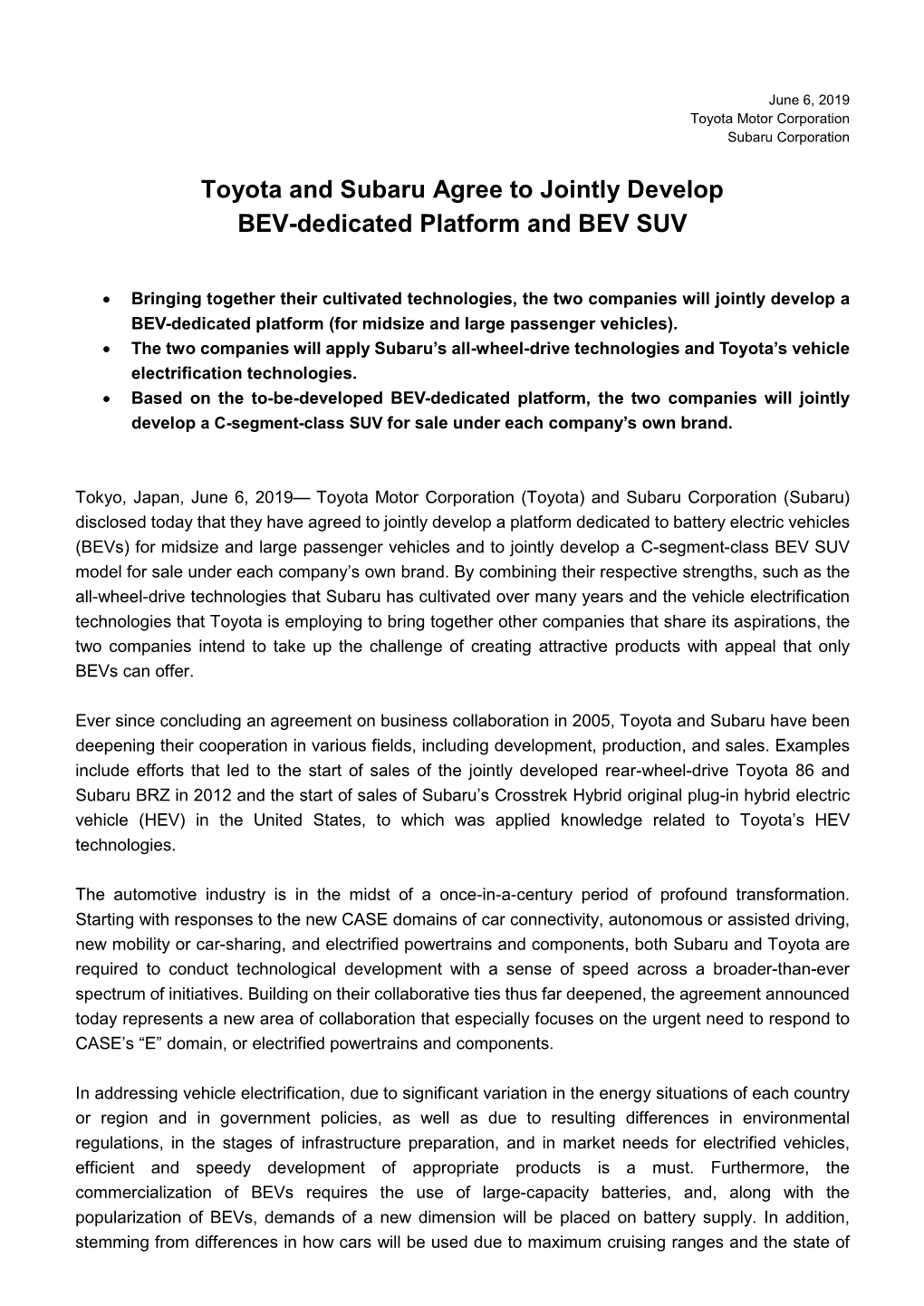 Toyota and Subaru Agree to Jointly Develop BEV-Dedicated Platform and BEV SUV