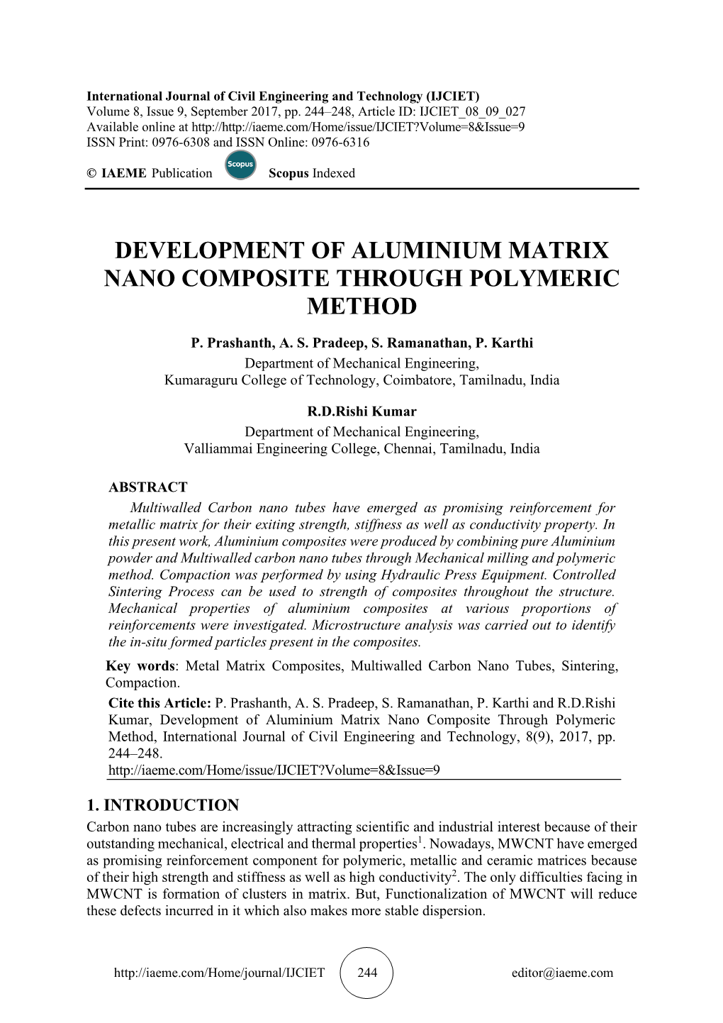 Development of Aluminium Matrix Nano Composite Through Polymeric Method