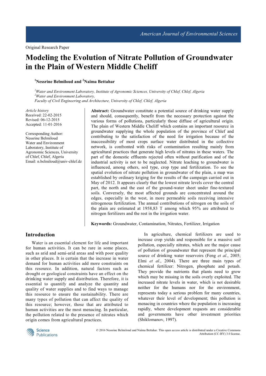 Modeling the Evolution of Nitrate Pollution of Groundwater in the Plain of Western Middle Cheliff