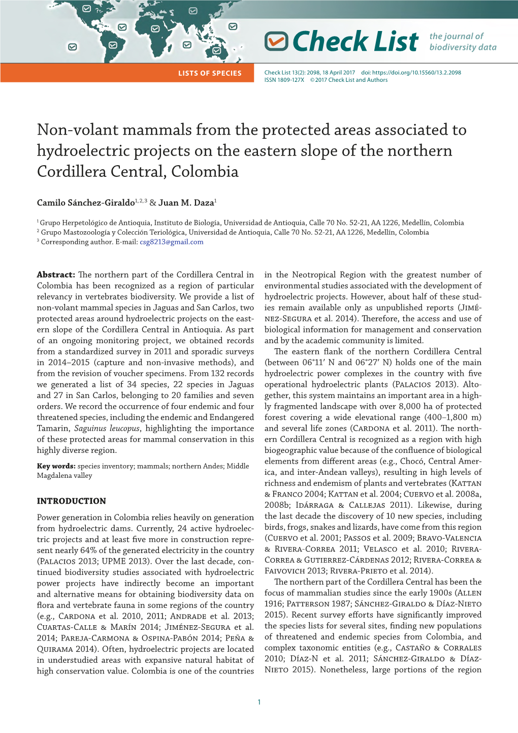 Non-Volant Mammals from the Protected Areas Associated to Hydroelectric Projects on the Eastern Slope of the Northern Cordillera Central, Colombia