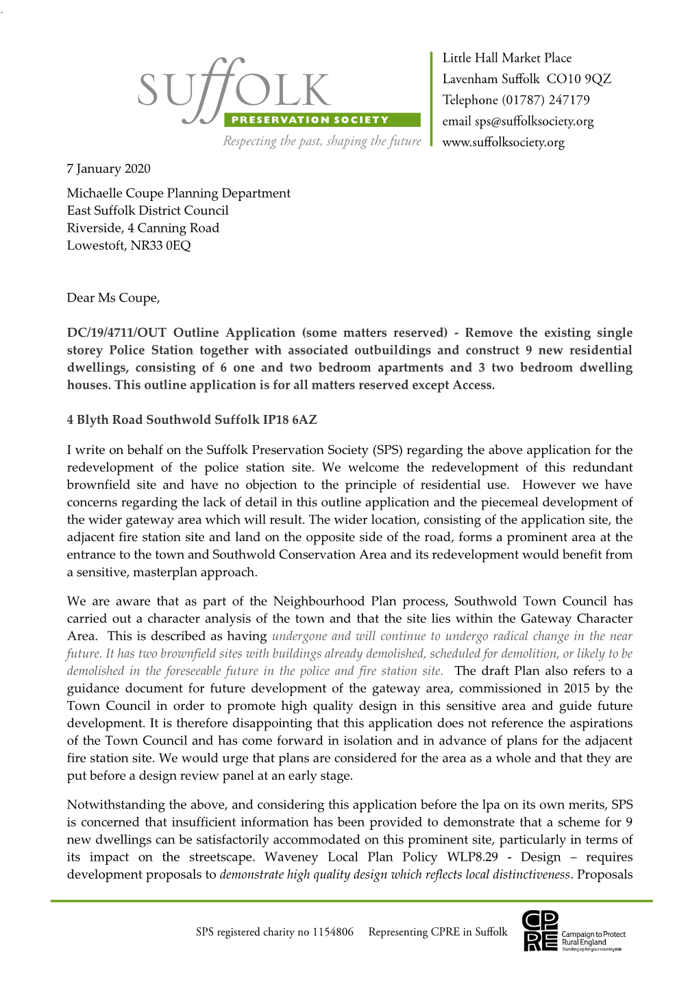 7 January 2020 Michaelle Coupe Planning Department East Suffolk District Council Riverside, 4 Canning Road Lowestoft, NR33 0EQ