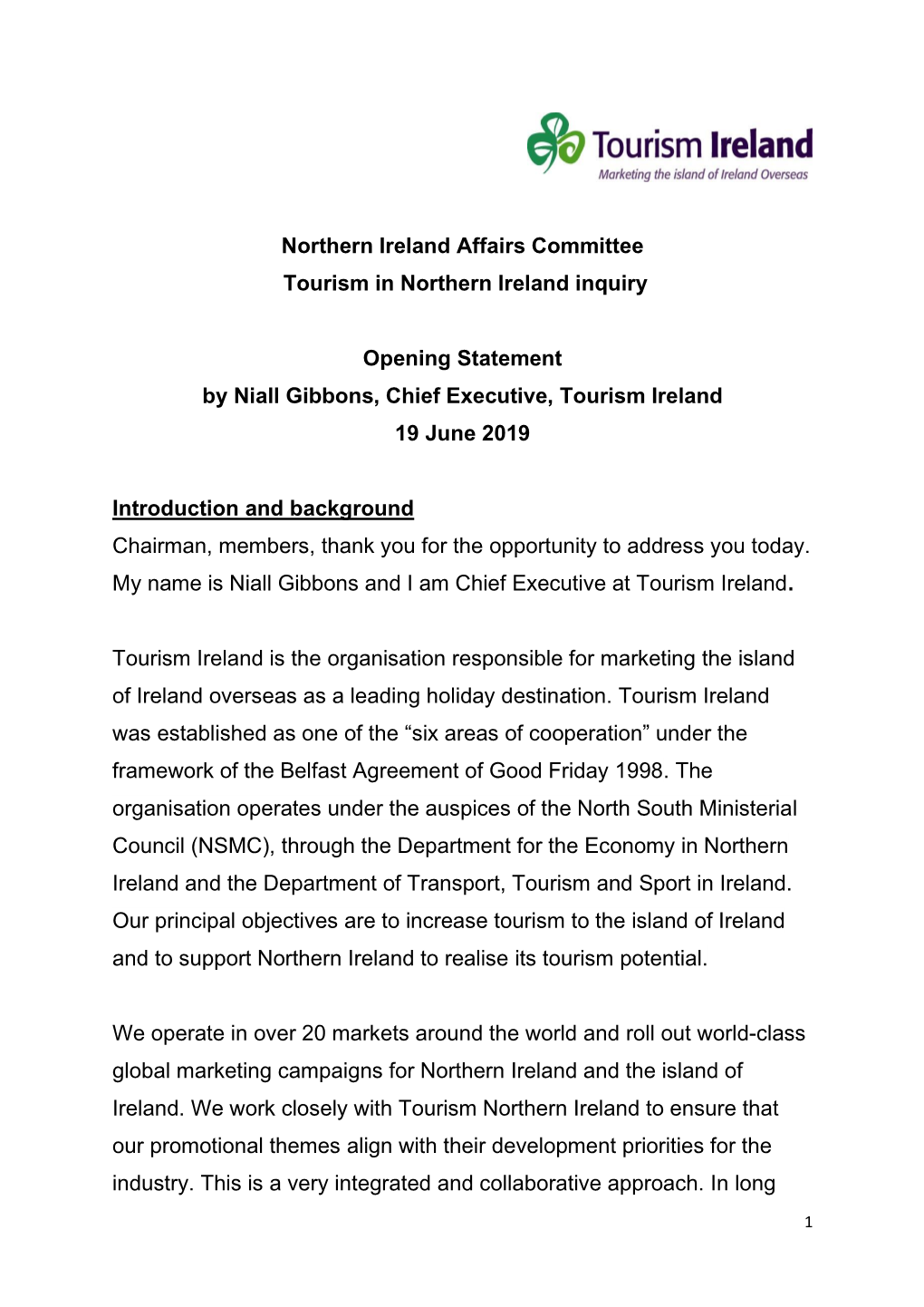 Statement to Northern Ireland Affairs Committee, June