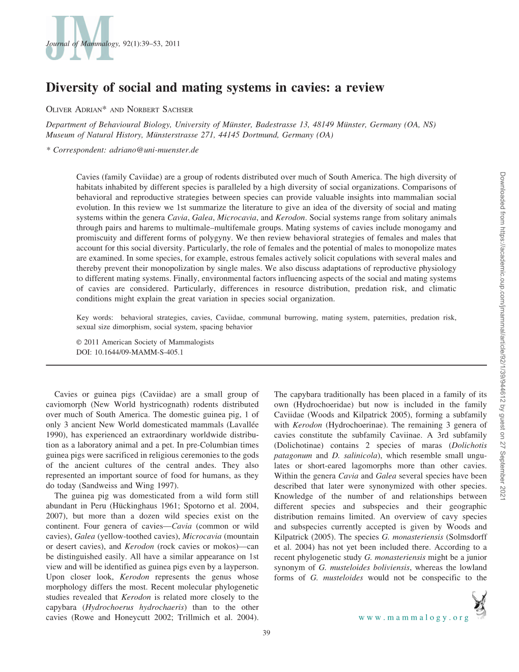 Diversity of Social and Mating Systems in Cavies: a Review