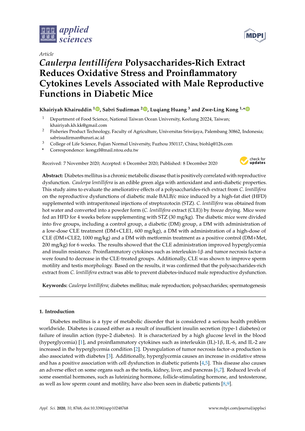 Caulerpa Lentillifera Polysaccharides-Rich Extract Reduces Oxidative Stress and Proinflammatory Cytokines Levels Associated With