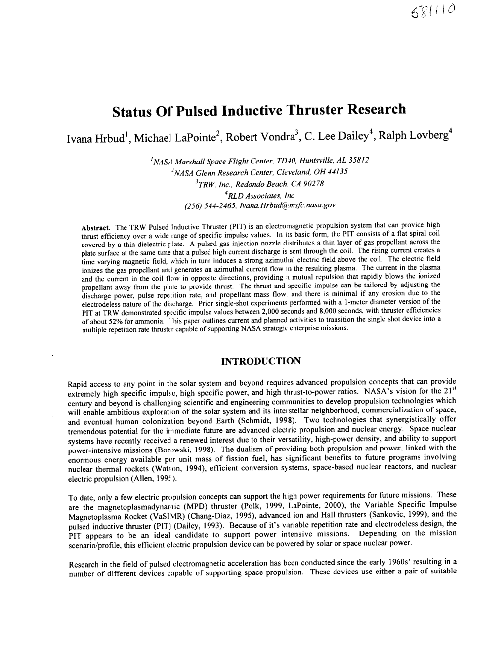 Status of Pulsed Inductive Thruster Research