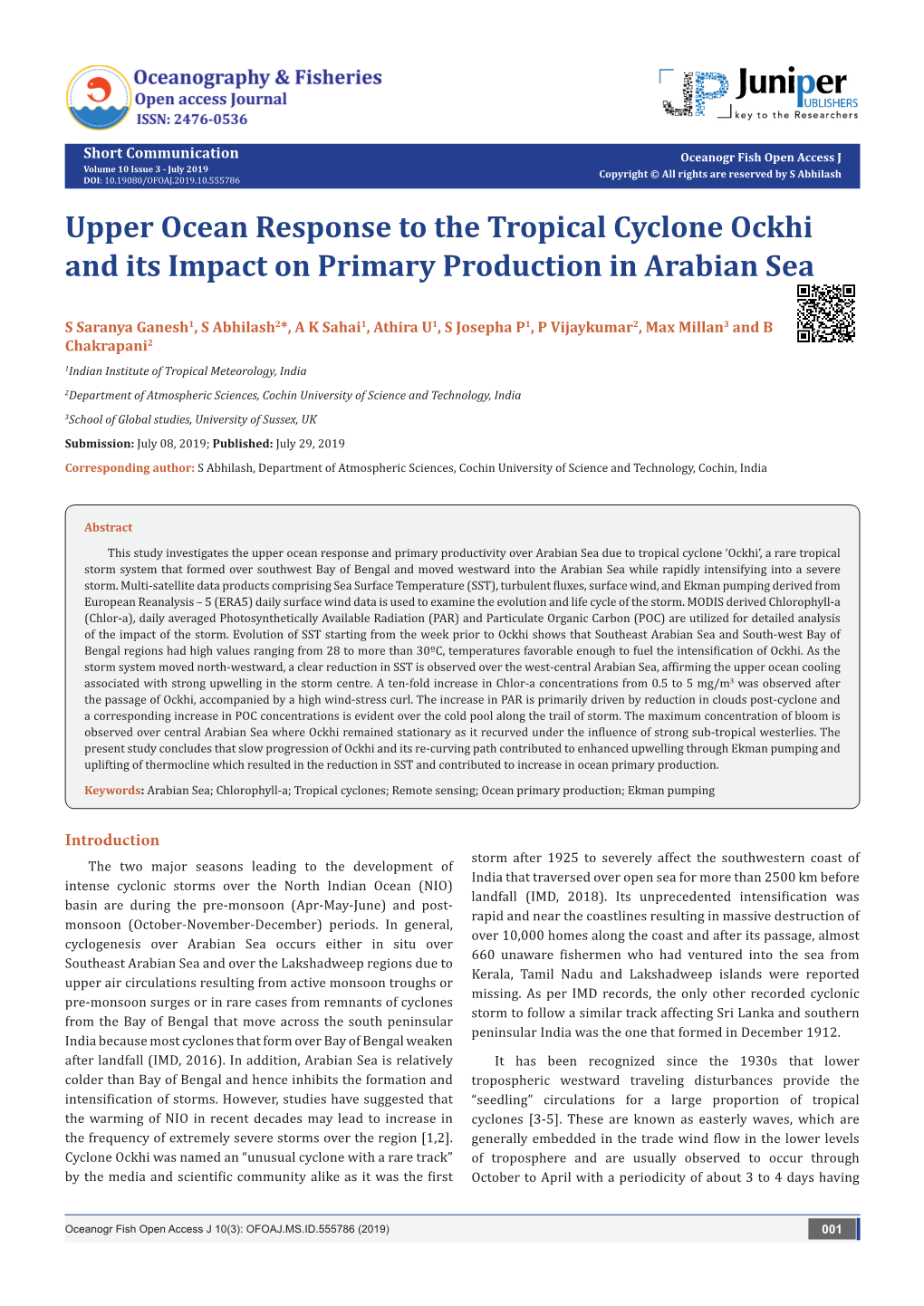 Upper Ocean Response to the Tropical Cyclone Ockhi and Its Impact on Primary Production in Arabian Sea