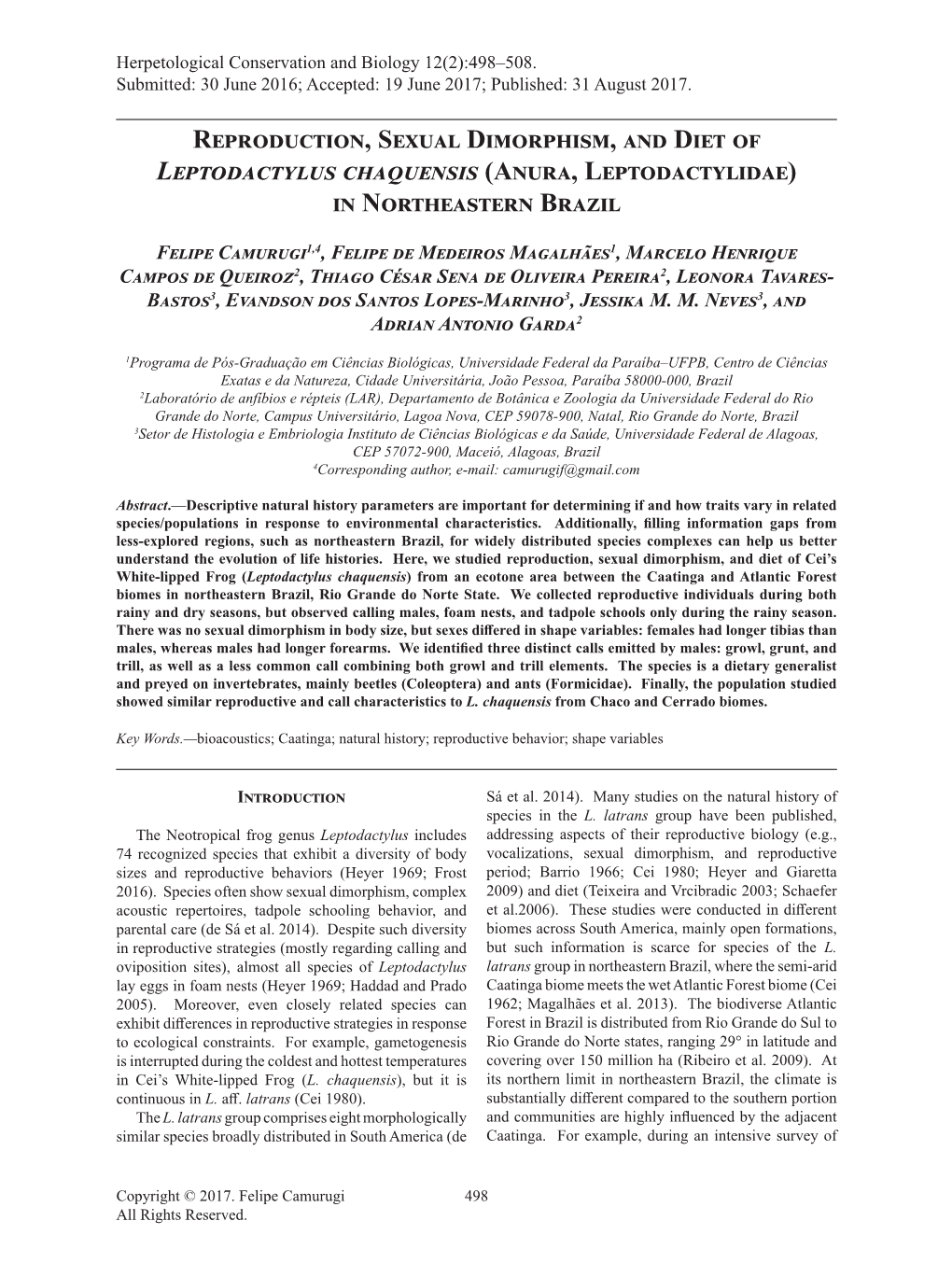 Reproduction, Sexual Dimorphism, and Diet of Leptodactylus Chaquensis (Anura, Leptodactylidae) in Northeastern Brazil