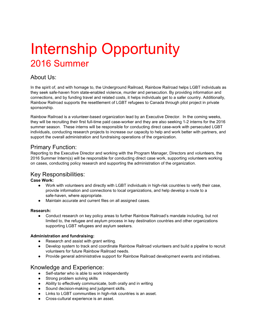 Internship Opportunity 2016 Summer